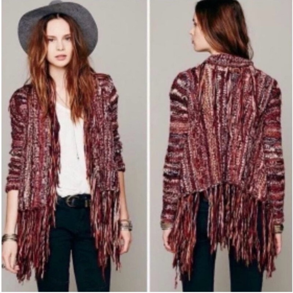 Fringed Open-Front Knit Cardigan Sweater - Multi Burgundy